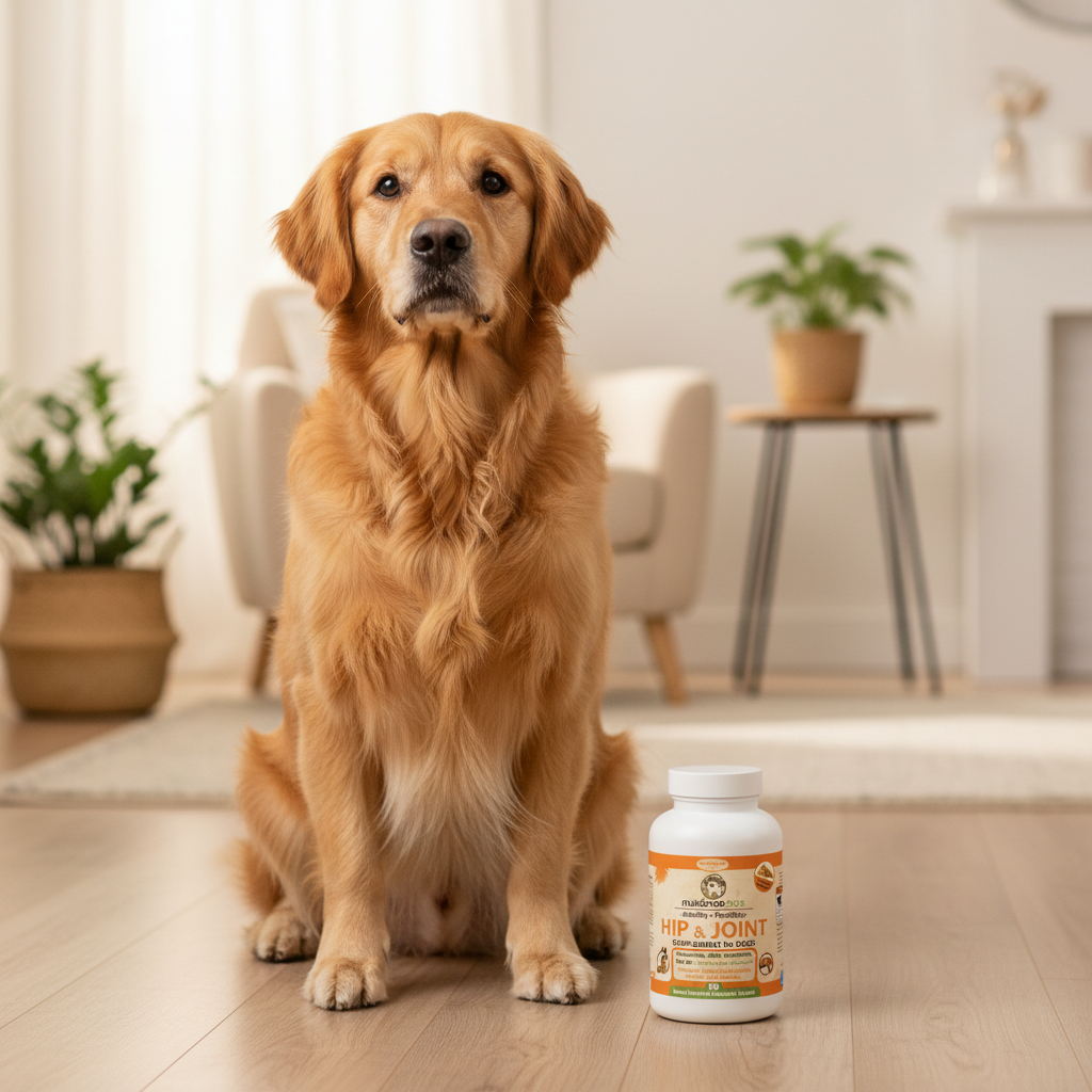 Golden retriever with correctly scaled Hip & Joint bottle